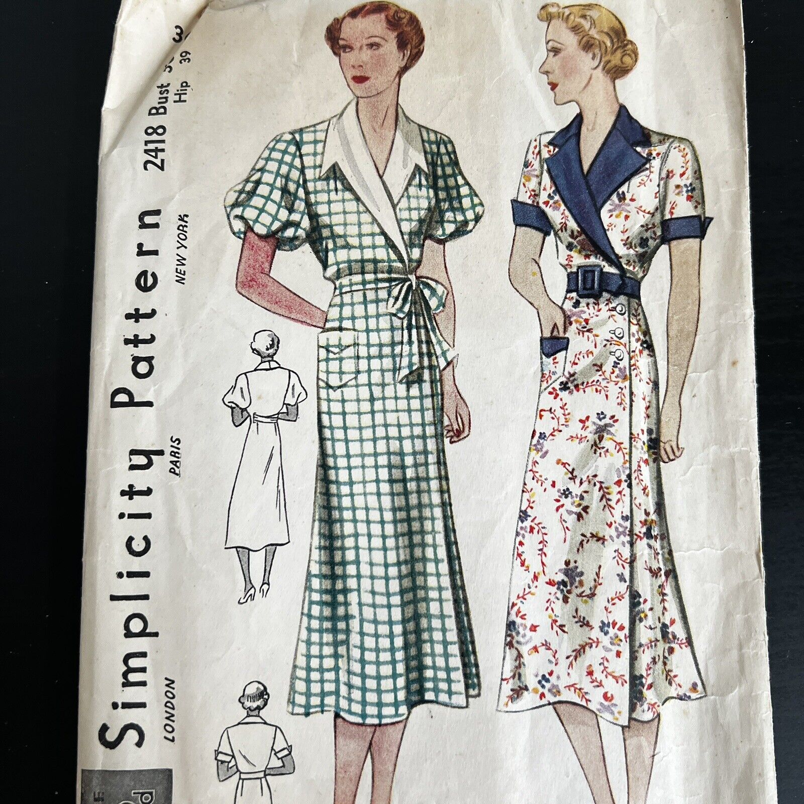 Vintage 1930s Simplicity 2418 Shaped Collar Puff Sleeve Dress Sewing Pattern 36