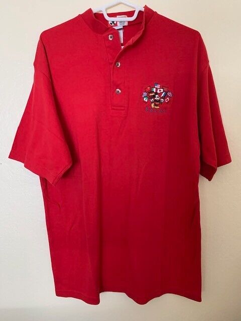 Vintage Disney Epcot Mickey Mouse Collarless Polo Red size large 100% Combed Cot
