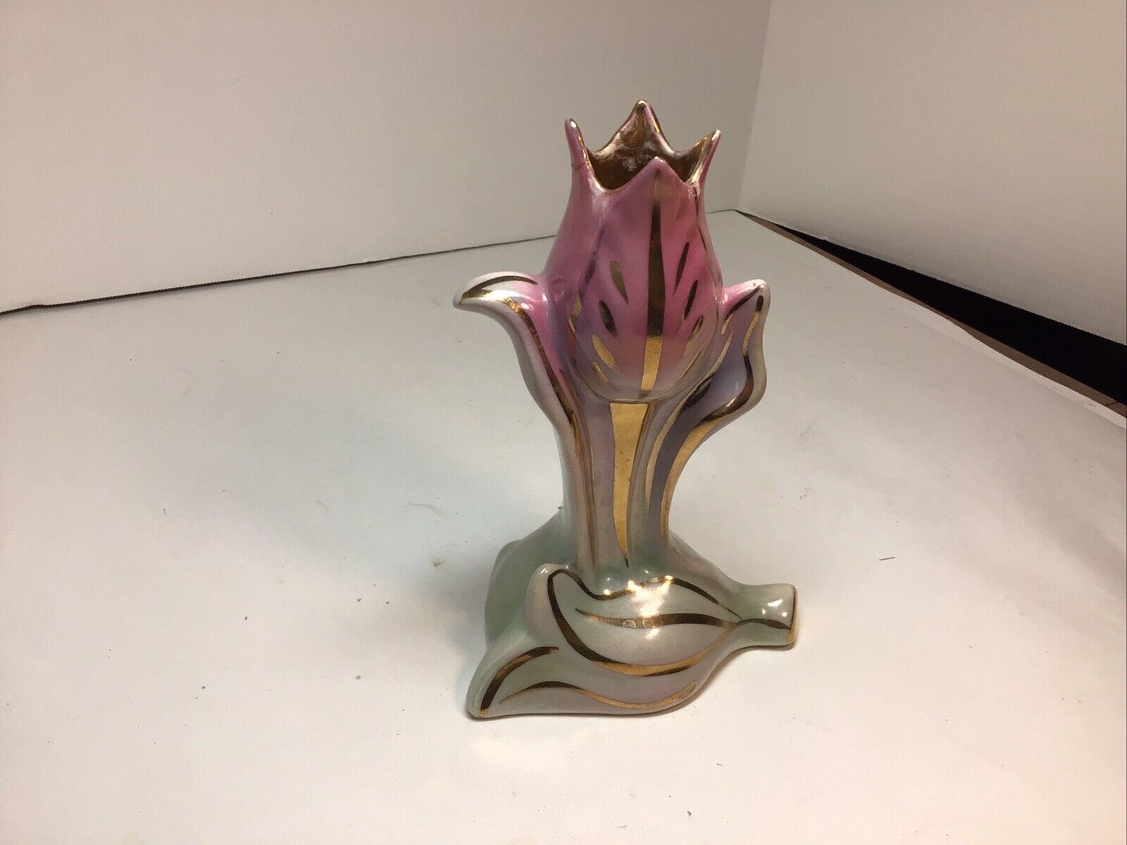 Vintage Tulip Vase,Hand Painted Ceramic Lusterware Pink & Green Gilt 7&1/4 “