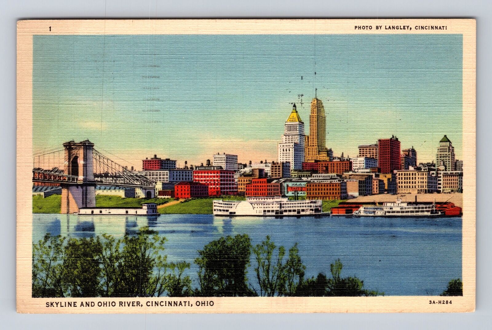 Cincinnati OH-Ohio, Skyline And Ohio River, Antique Vintage c1938 Postcard