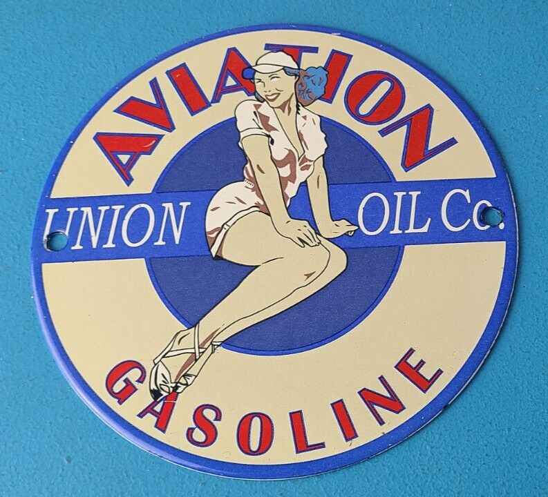 Vintage Union Oil Co Porcelain Sign - Aviation girl Sign - Gas Pump Plate Sign