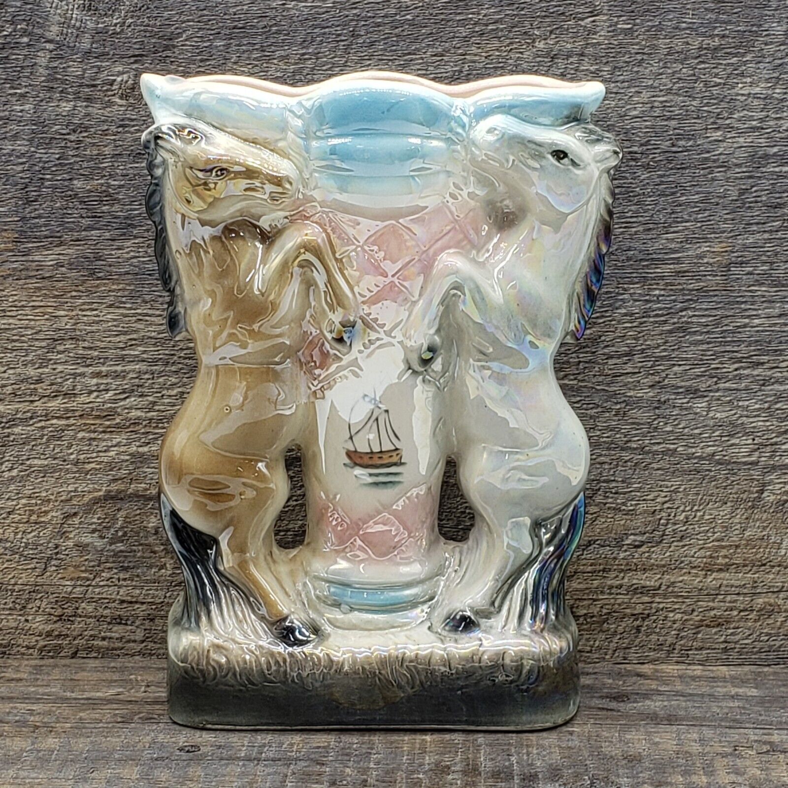 Vintage Mid-Century Luster Ceramic Two Rearing Horses Vase Pink And Blue