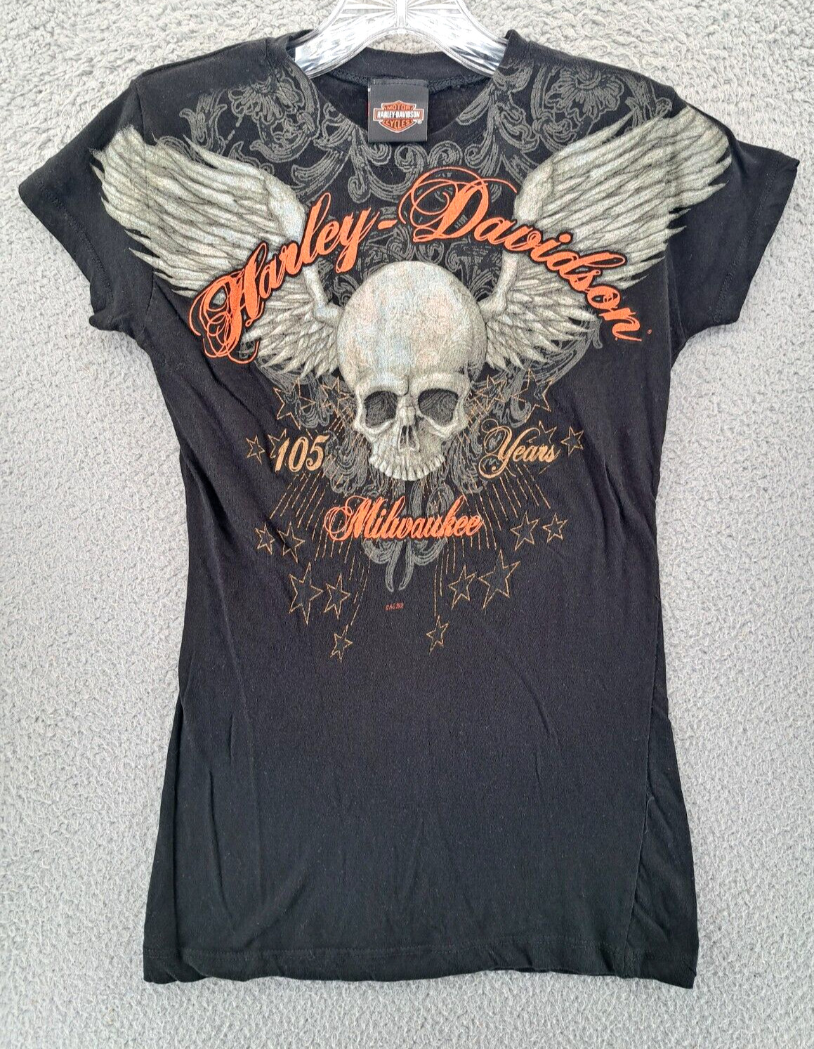 Harley Davidson Shirt Womens Large Black 105th Anniversary Dble-Sided Skull USA