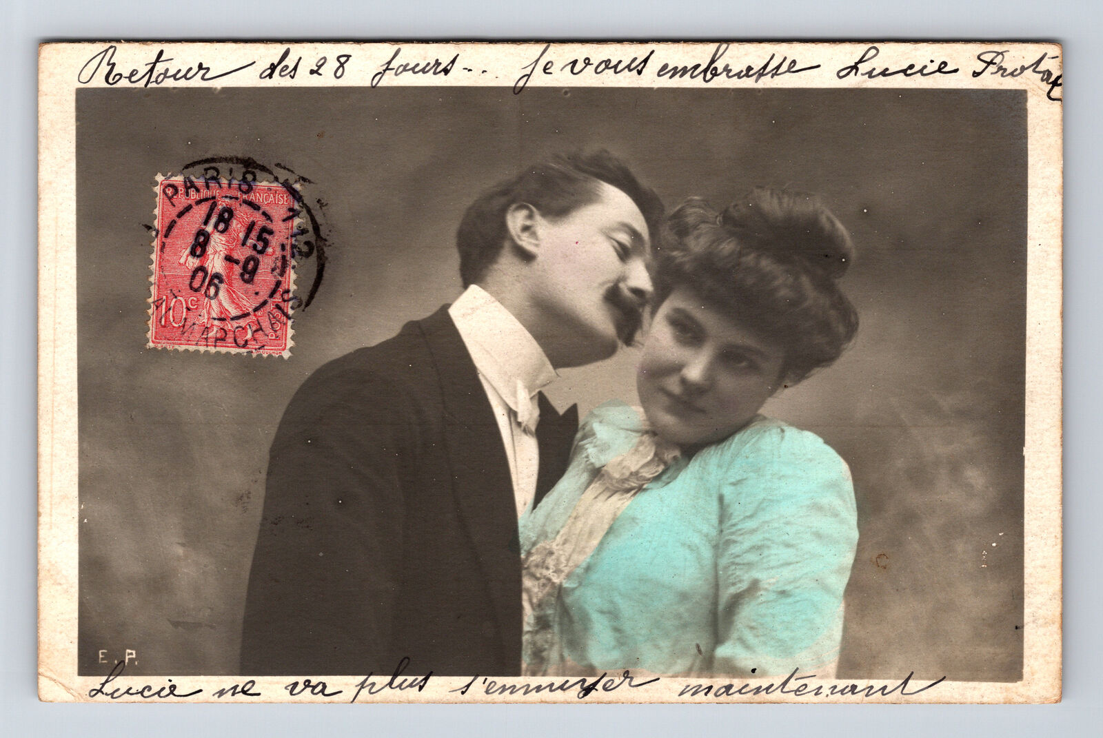RPPC French Hand Colored Man Trying to Kiss Beautiful Woman Lucie UDB Postcard