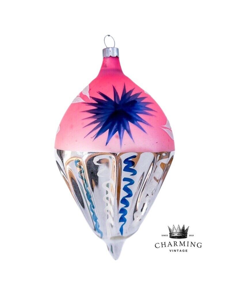Extremely RARE Vtg Corning Pink &Blue w/White Mica Teardrop Glass Ornament