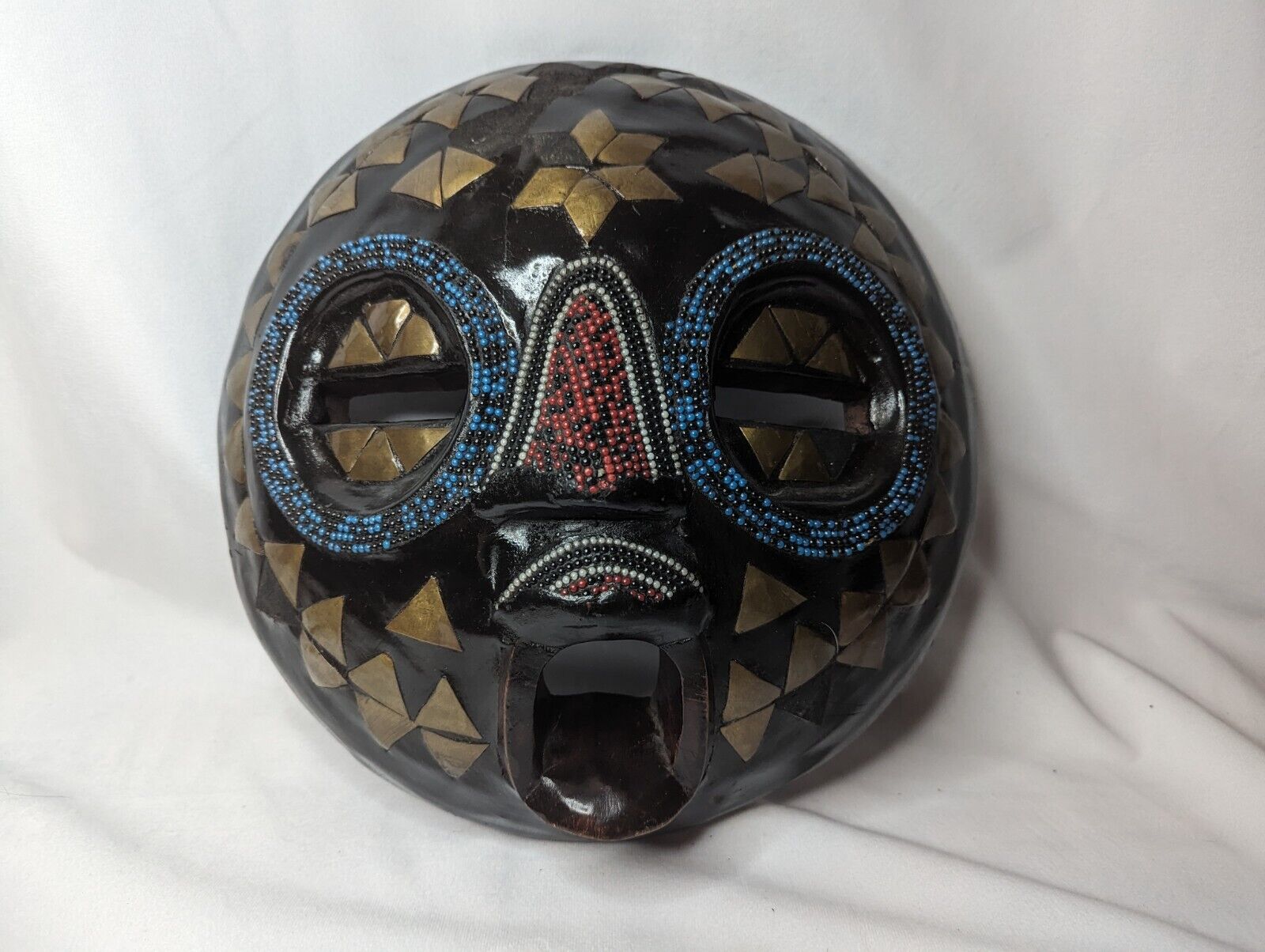 Vintage West Africa Ghanian Beaded Wooden Mask Face 