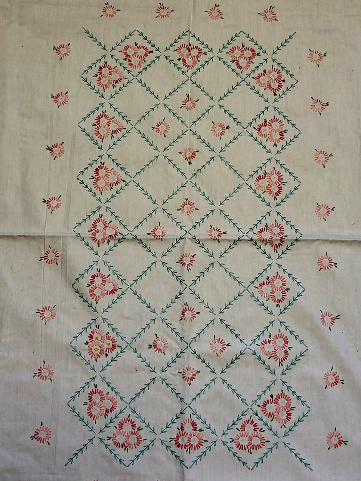 Vintage Embroidered Tablecloth. White with Pink & Teal Flowers. 65