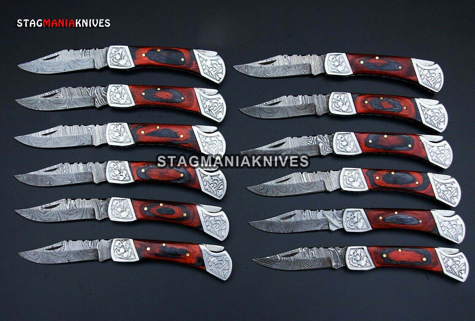 Premium Hand Forged Damascus Steel Hunting Knife Pocket Knife Lot of 12 Pcs