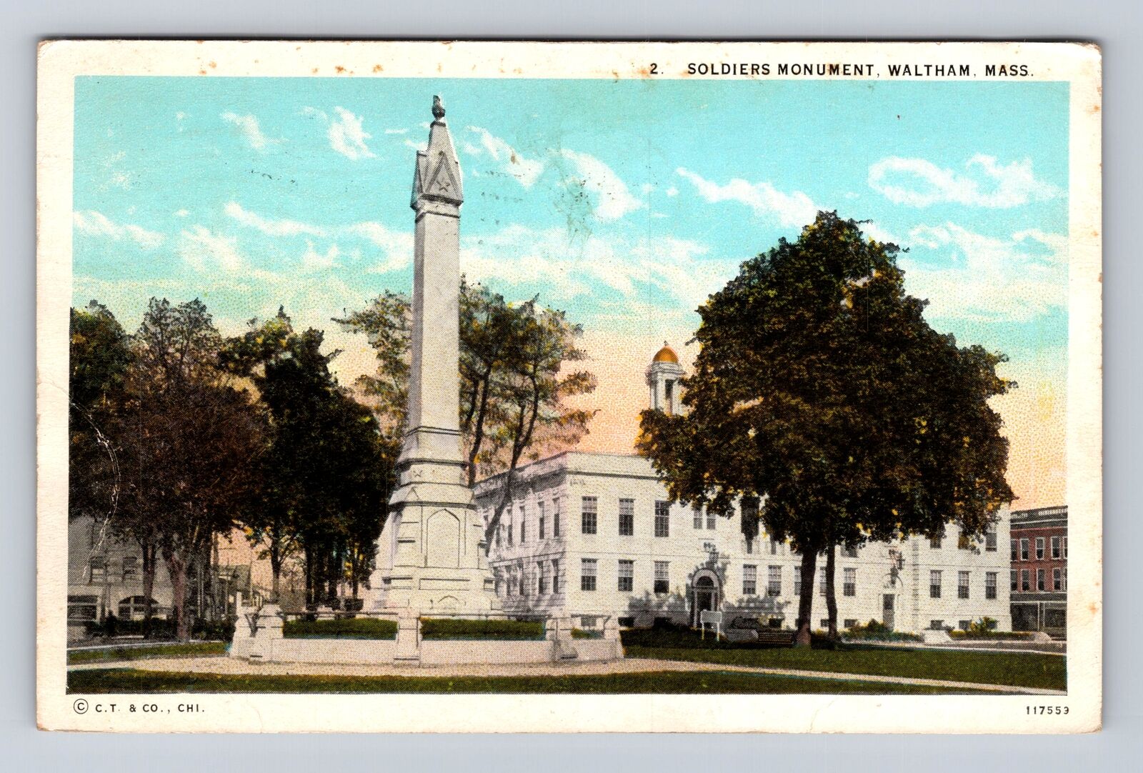 Waltham MA-Massachusetts, Soldiers Monument, Antique, Vintage c1931 Postcard
