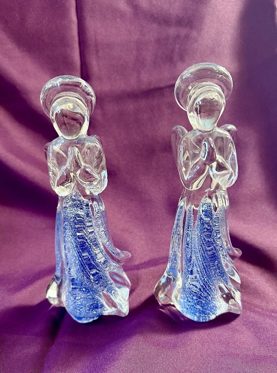 Pair Art Glass Angels Blue Silver Sparkle Murano Italian  Sommerso Figurine VTG