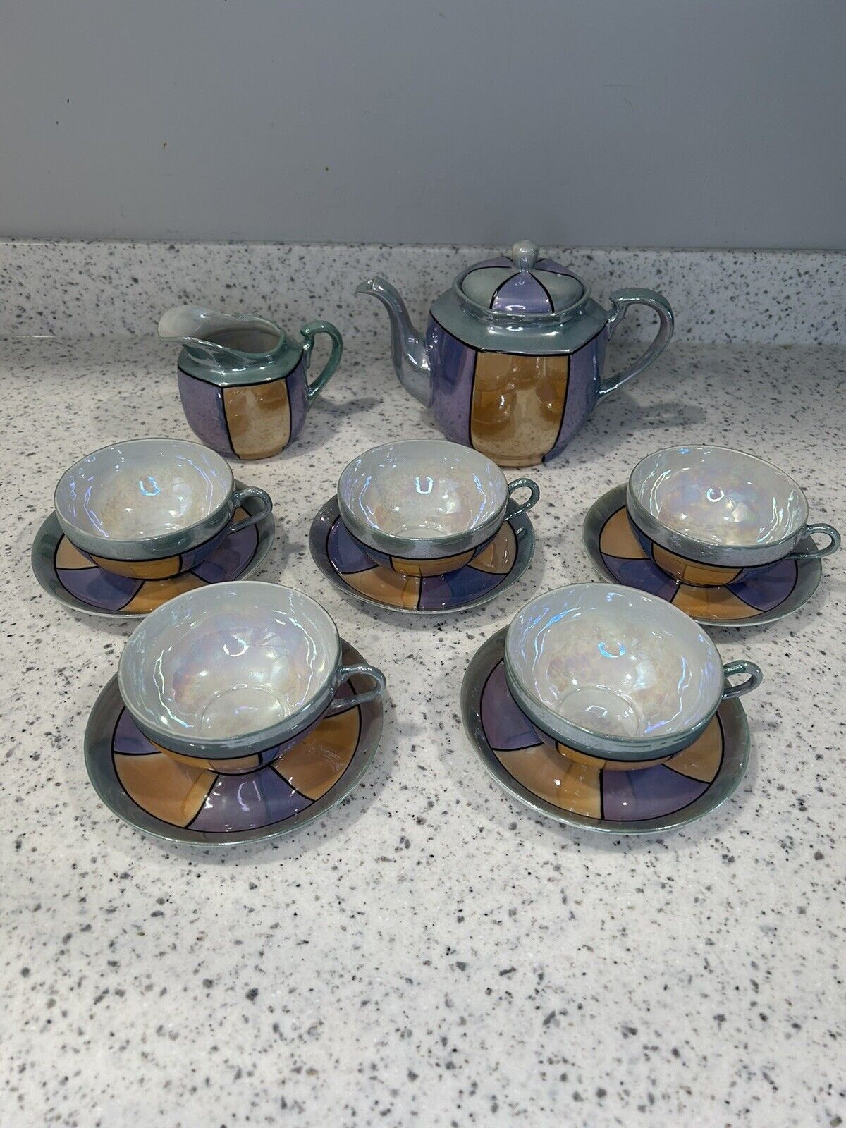 Japan Lusterware Tea Set Coffee Teacups Saucer Drinkware Geometric Vintage