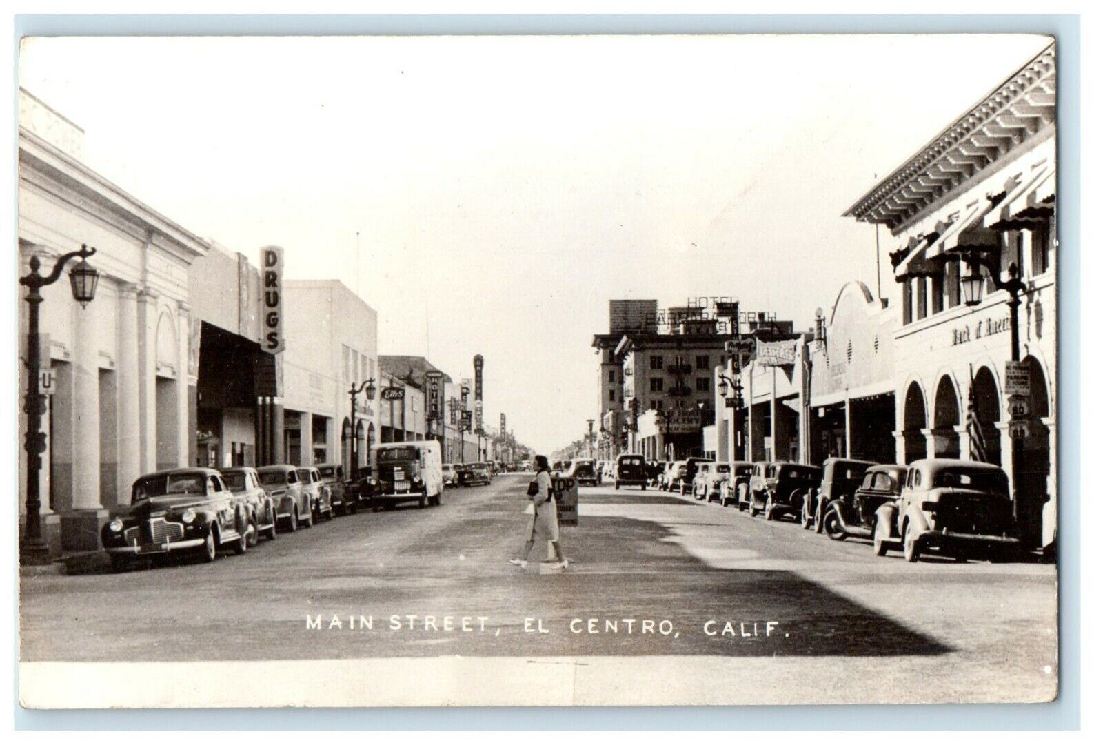 c1940's View Of Main Street Cars El Centro CA RPPC Photo Soldier Mail Postcard