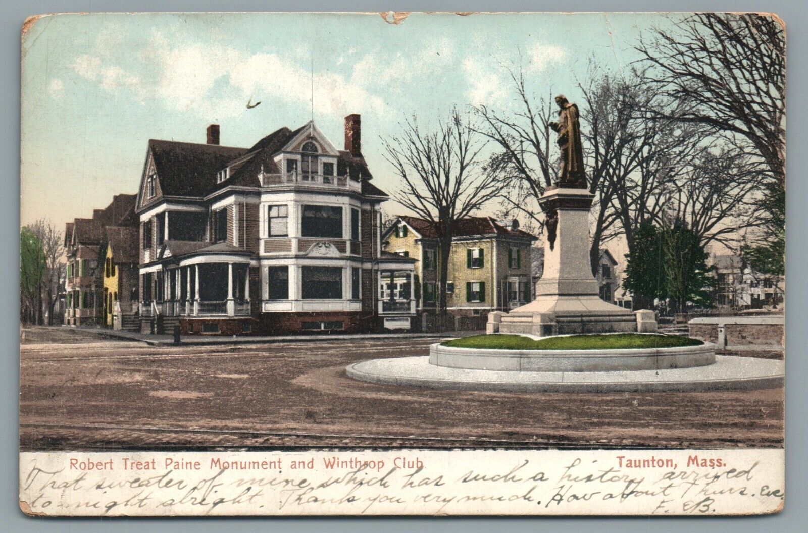Robert Treat Paine Monument and Winthrop Club Taunton Mass Vintage Postcard 1907