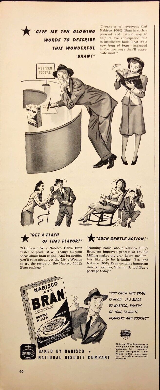 1942 Nabisco Bran Cereal Man Writing Telegram Vintage Print Ad