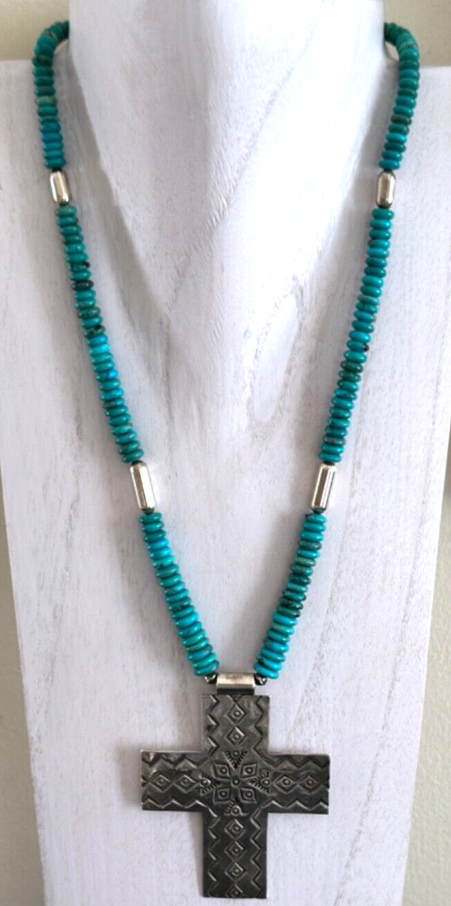 Navajo Turquoise Beaded Necklace & Signed W. Tahe Sterling Cross Pendant