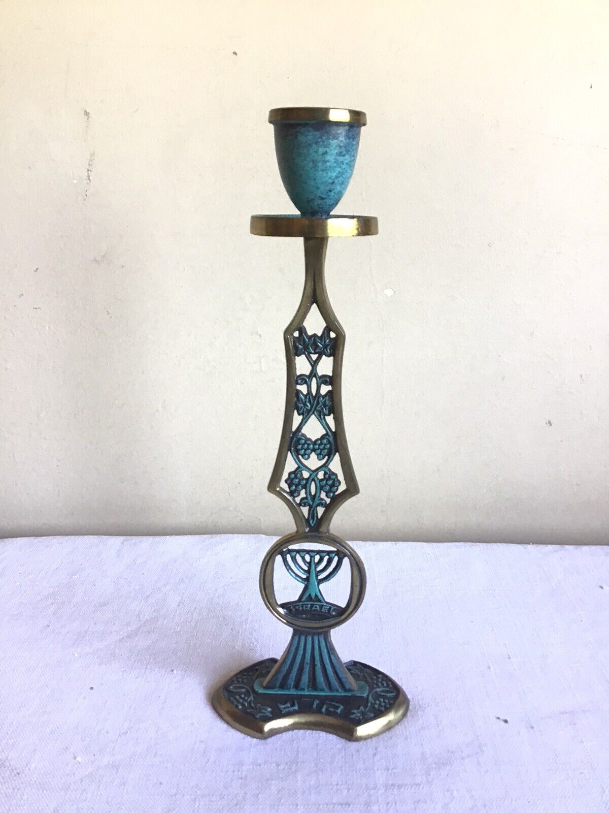 Vintage Israel Judaica Hebrew Green Enamel Brass Grapevine Holiday Candleholder