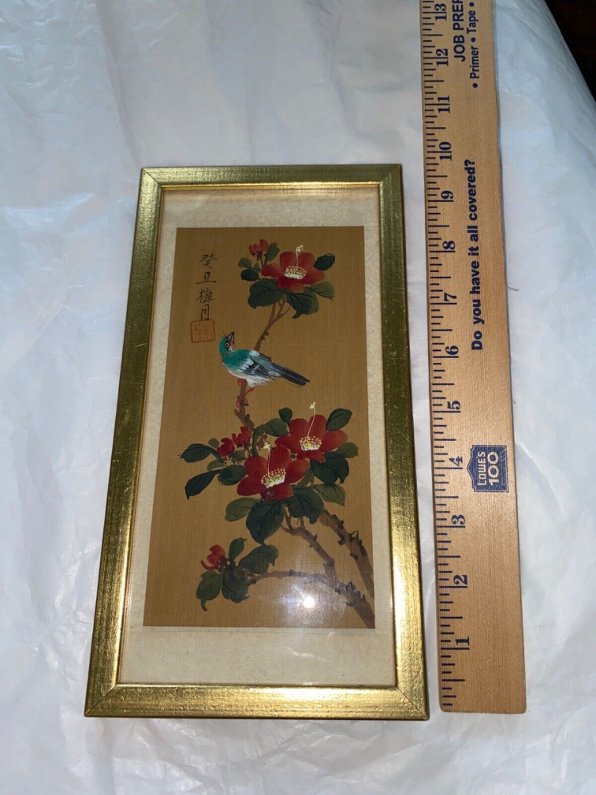 Vintage/Antique Signed Original Asian Painting on Silk Featuring Bird on Branch