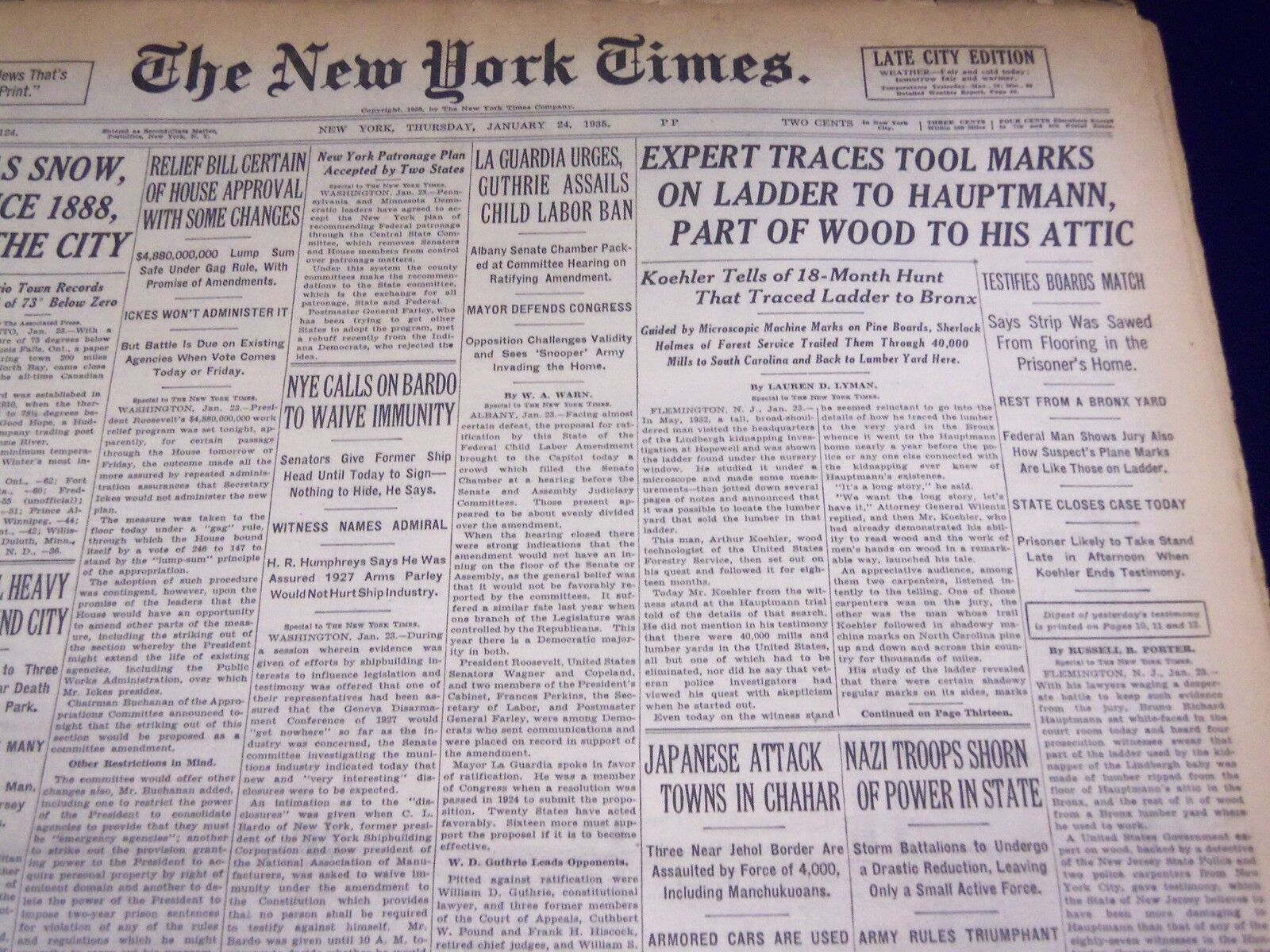1935 JAN 24 NEW YORK TIMES - TOOL MARKS ON LADDER TRACED TO HAUPTMANN - NT 1952