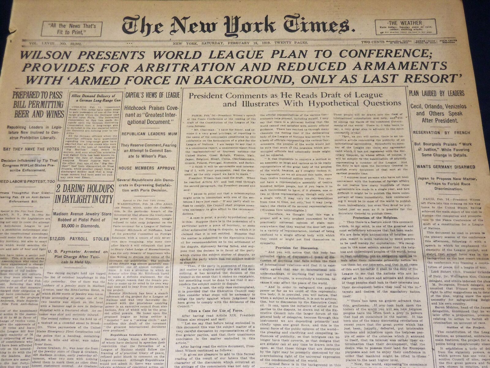 1919 FEBRUARY 15 NEW YORK TIMES - WILSON PRESENTS WORLD LEAGUE PLAN - NT 7966