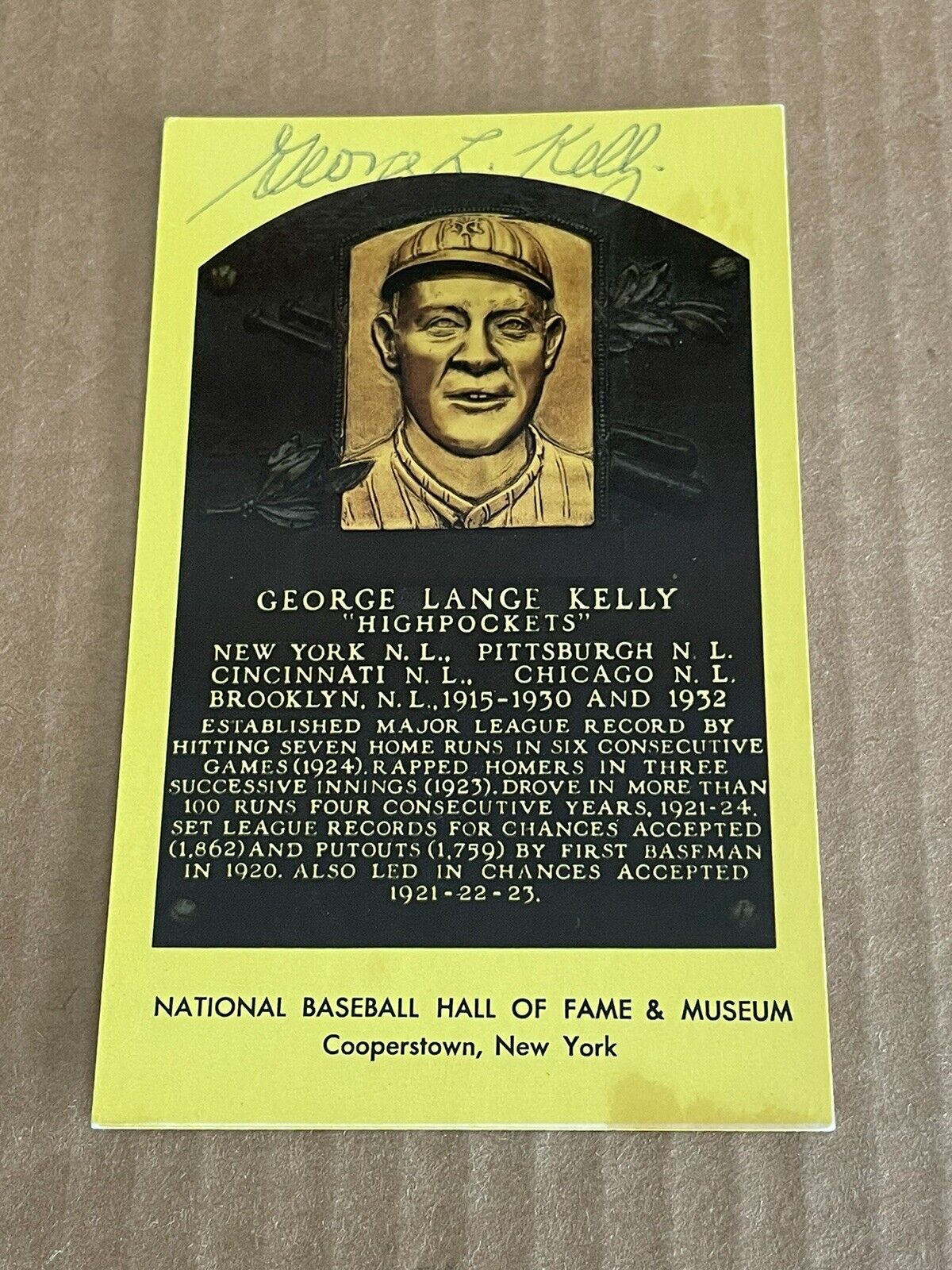 George Kelly Autographed Hall of Fame HOF Plaque Postcard New York Giants