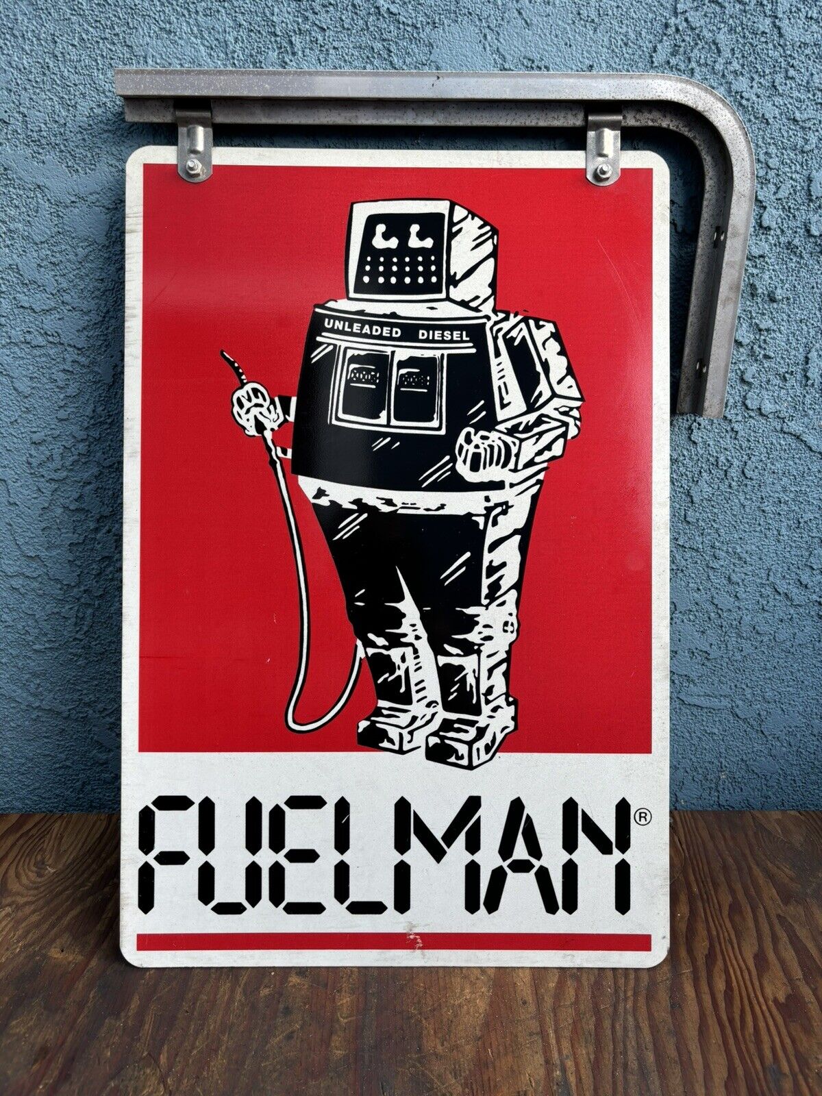 VINTAGE FUELMAN GAS STATION DOUBLESIDED METAL SIGN With Bracket