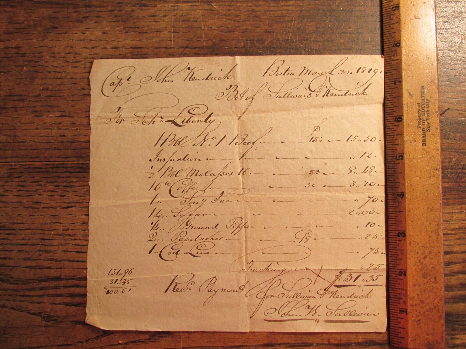 Antique Ephemera 1819 Receipt Boston MA Sea Capt John Kendrick Beef Sugar Tea