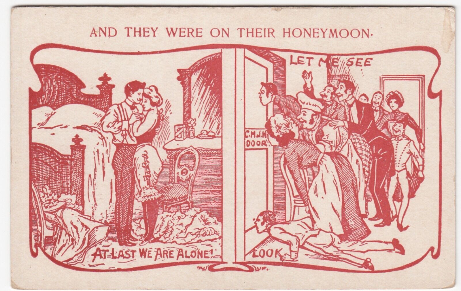 c1907 Independent Photo Card Co~Honeymoon~Comic Risque Penny Arcade Postcard