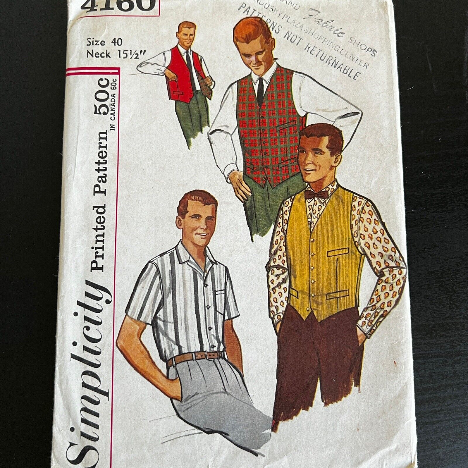 Vintage 1960s Simplicity 4160 Mens Shirt + Reversible Vest Sewing Pattern 40 CUT