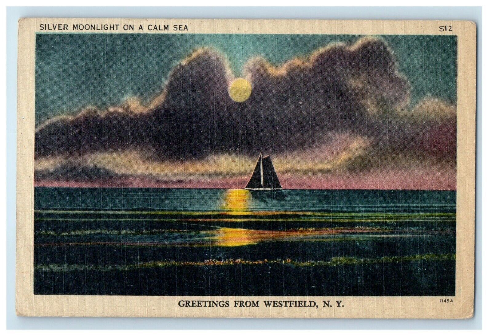 c1930's Greetings From Westfield NY, Silver Moonlight Night Moon Sea Postcard
