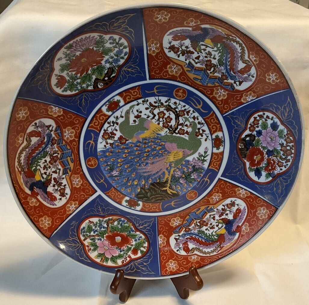Chinese Imari Peacock 12 Inch Decorative Plates Hand Painted, c.1950 BEAUTIFUL
