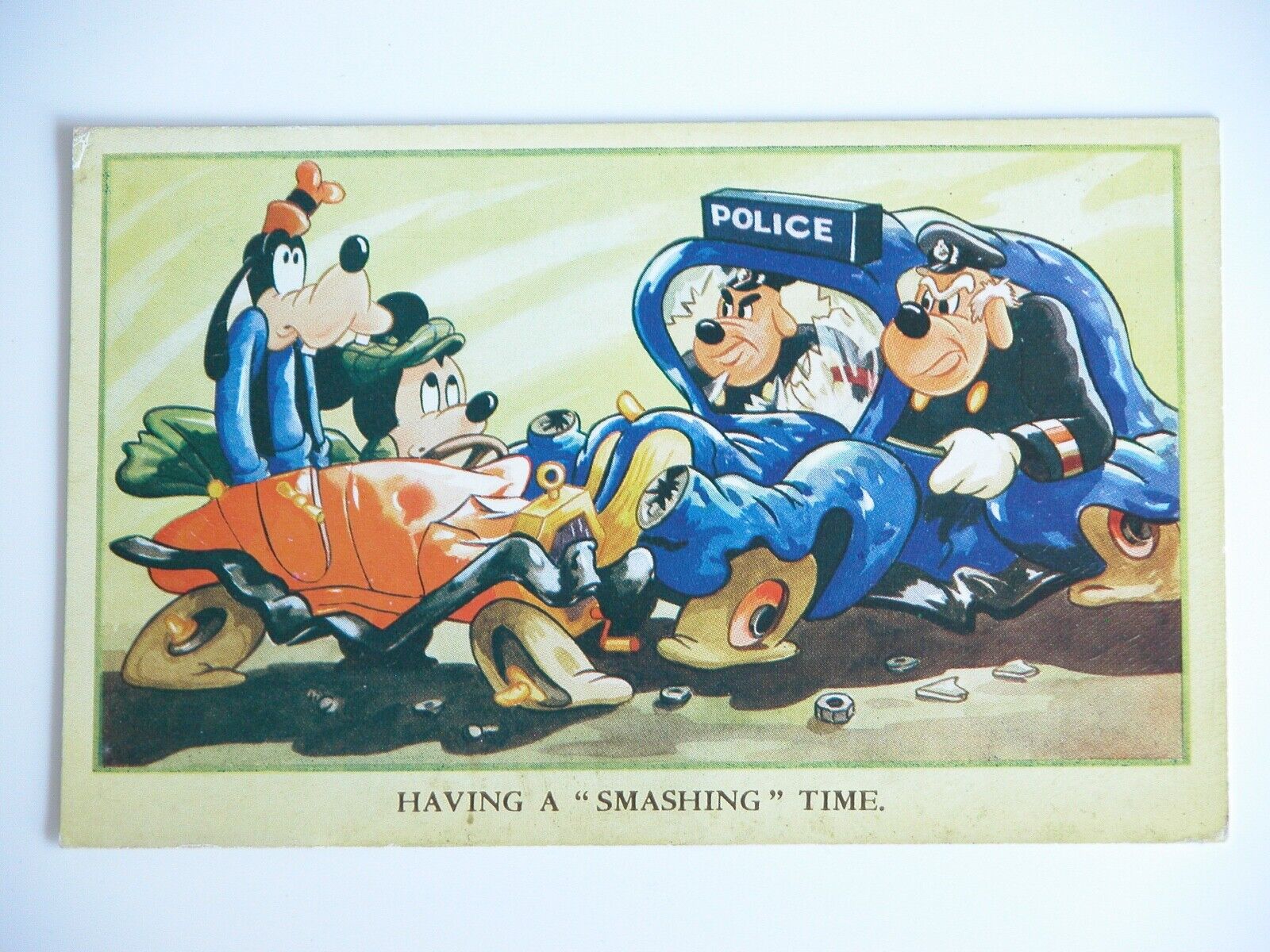 Vtg 50s 60s Walt Disney Postcard POLICE Car Wreck HAVING A SMASHING TIME London