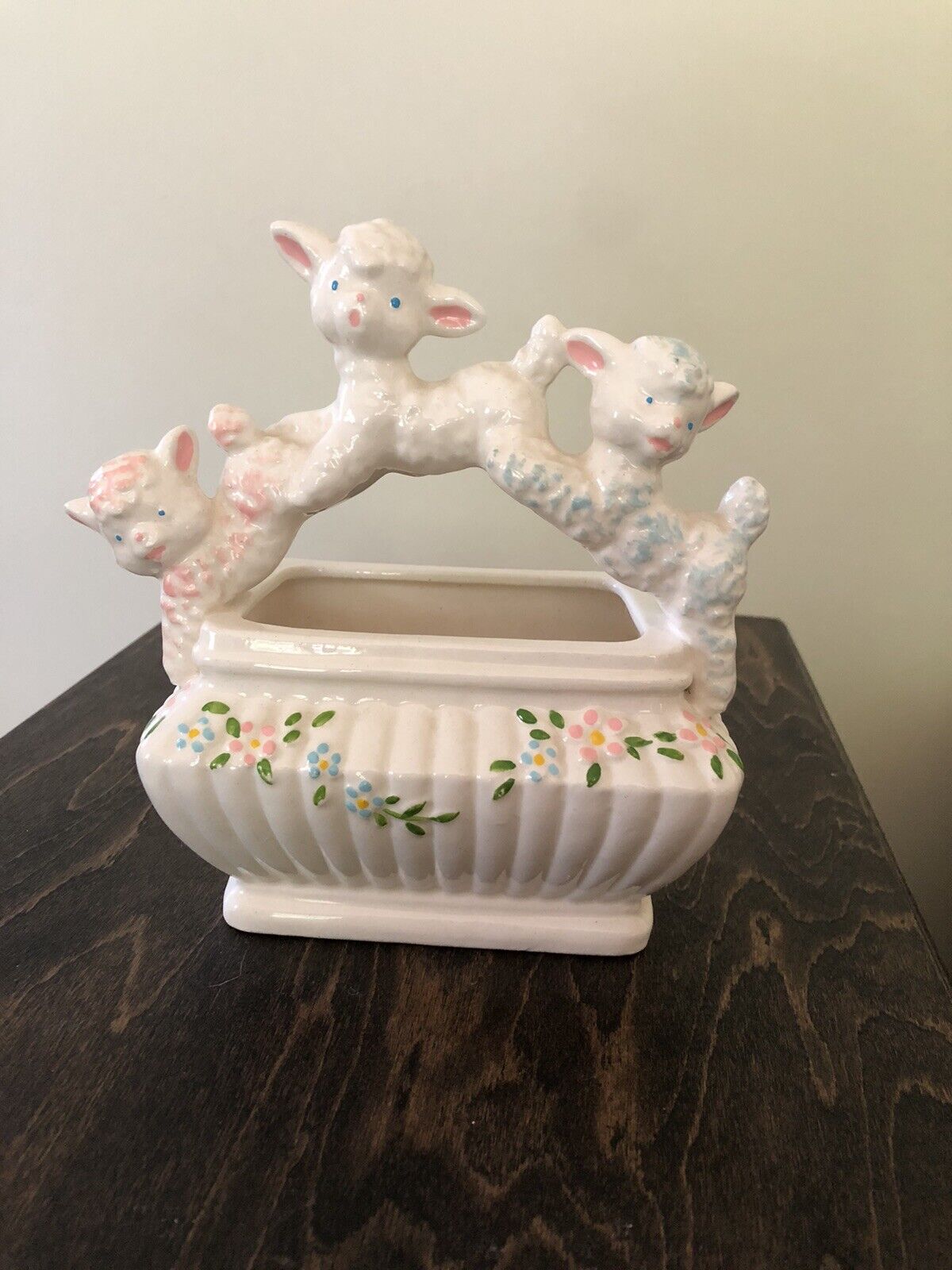 Vintage Ceramic Lamb Planter Pink Blue Mid Century Nursery Decor,Baby Kitsch MCM