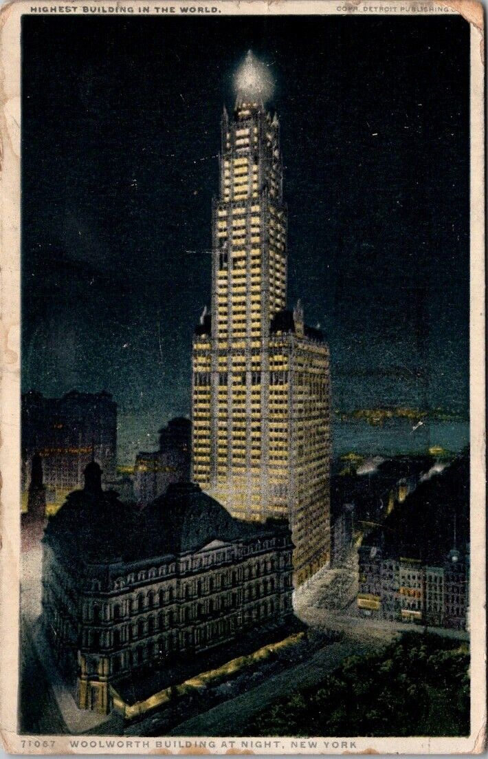 RARE New York City NY Woolworth Building At Night Postcard Tallest Building