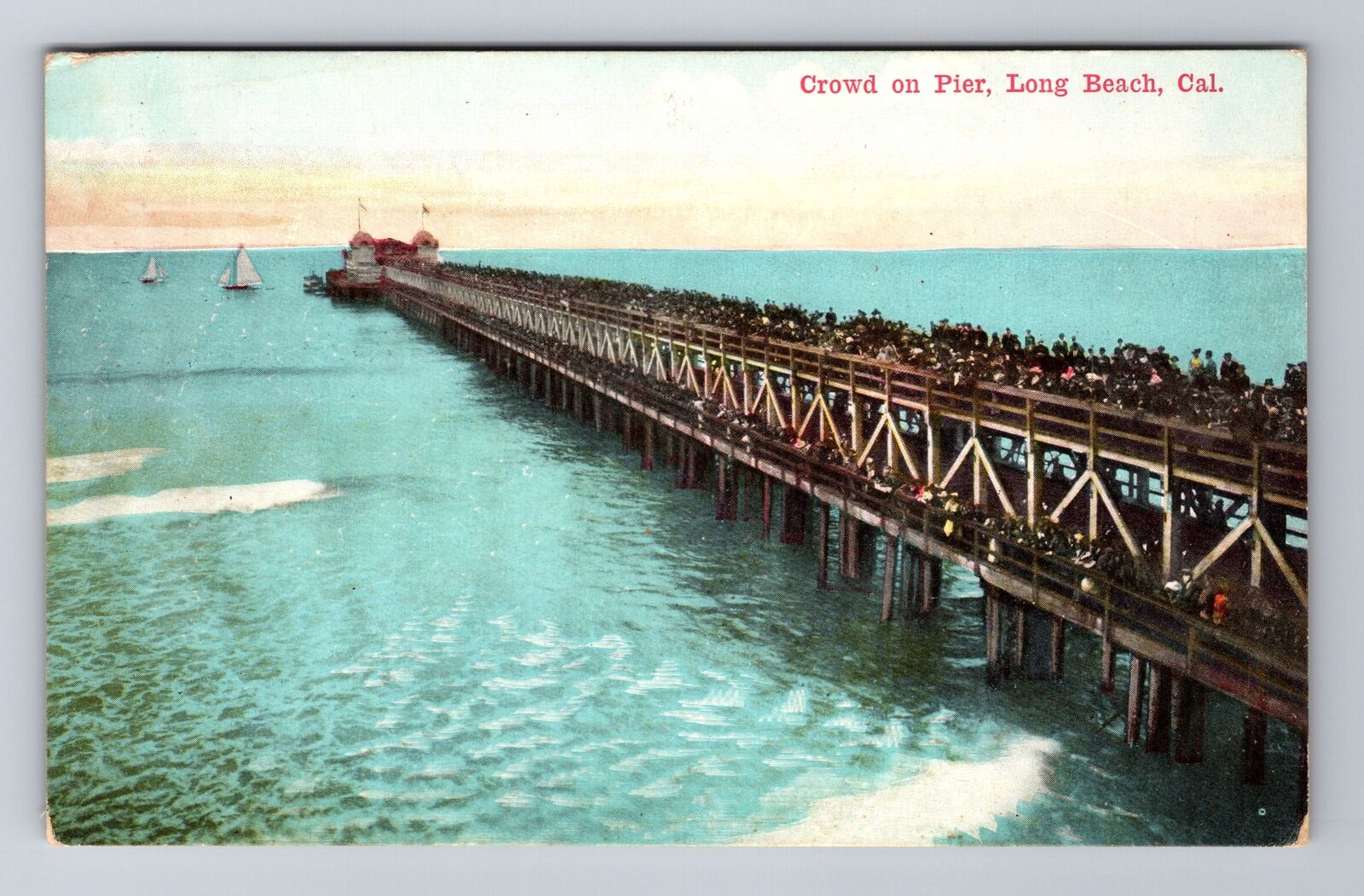 Long Beach CA-California, Crowd On The Pier, Antique Vintage Souvenir Postcard