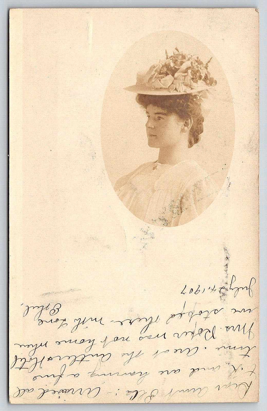 Original RPPC, Young Woman In Dress And Hat, Oval Profile, Vintage 1907 Postcard