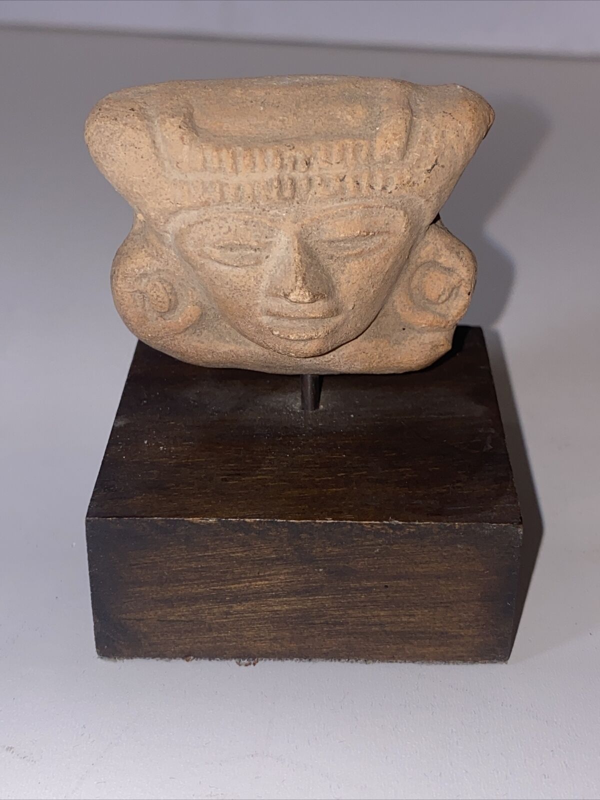 Small Pre-Columbian Mayan Souvenir Pottery Head, Mounted on Display Stand