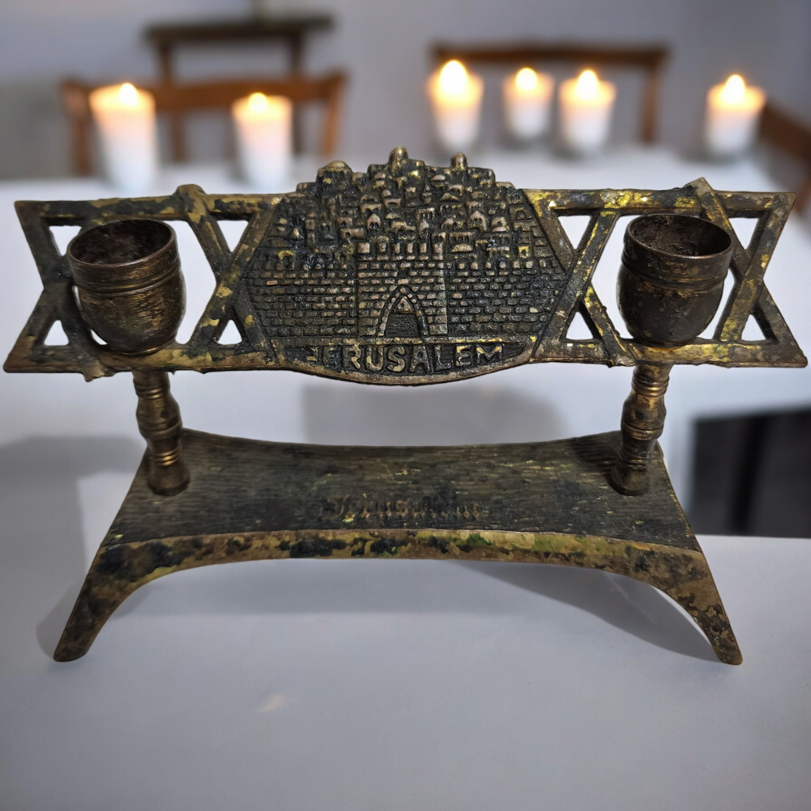 Antique Judaica Brass Menorah Candle Holder Jerusalem and Star of David Design
