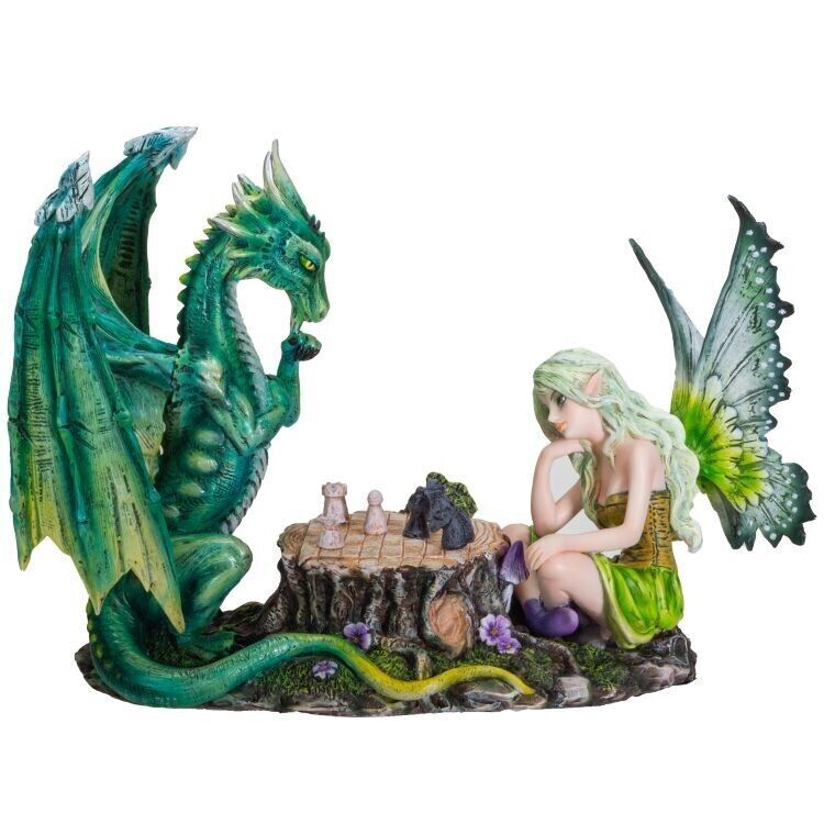 PT Pacific Trading Winged Fairy Playing Chess with Green Dragon Figure