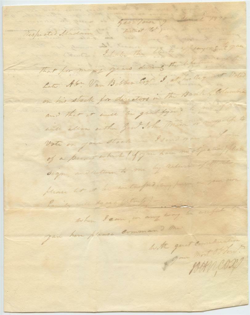 1820 Georgetown Washington DC Colonel John Cox Hand Written Signed Mailed Letter