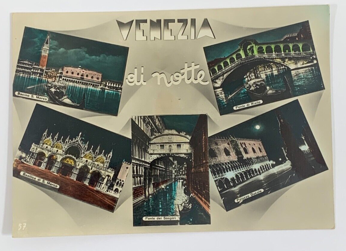 RPPC Venice At Night Italy Multiview Real Photo Postcard Hand Painted Unposted