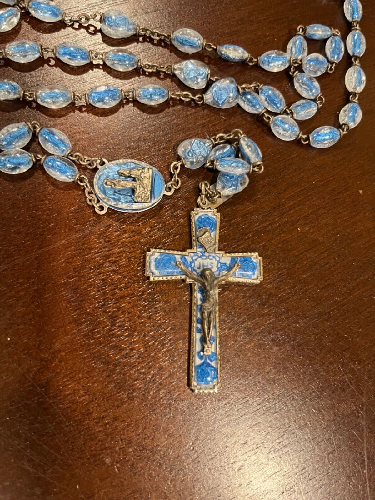 Vintage Rosary Lucite Blue Bubble Beads, Legatura Alpacca, Italy, c.1958