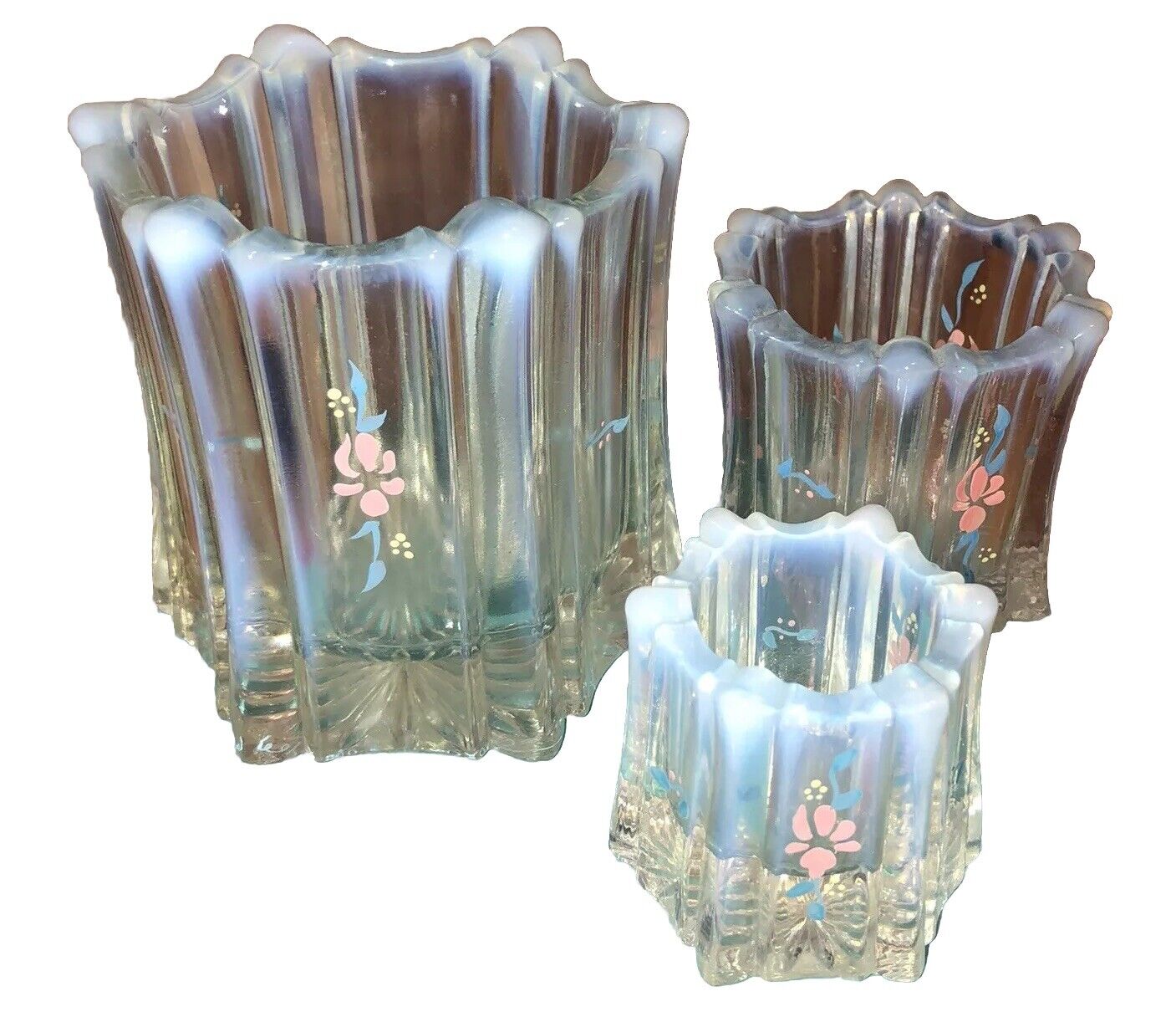3 Vintage Fenton Handpainted Paneled Opalescent ￼Glass Vases ￼fun