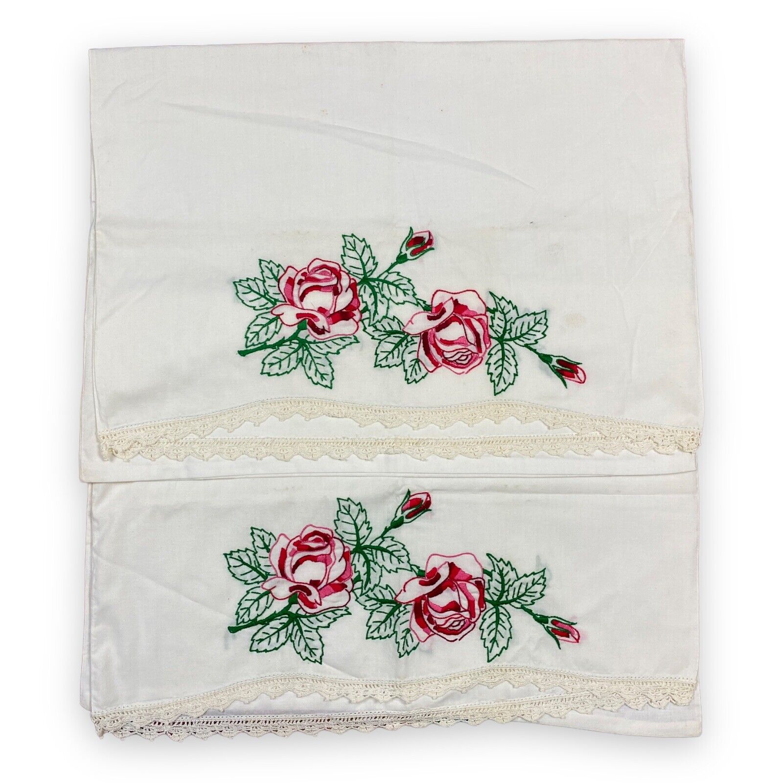 Vintage Cotton 2 Pillowcases Embroidered Roses & Buds Crocheted Lace Trim