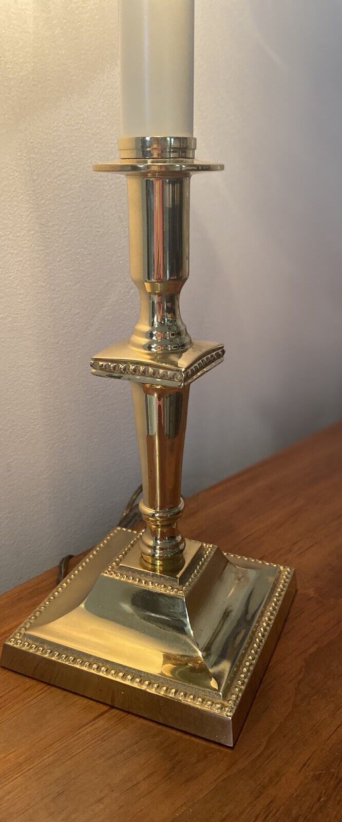 Vtg. Solid Brass Table Lamp Column Pillar Beaded Trim Finial 2 Lights 22” 1994