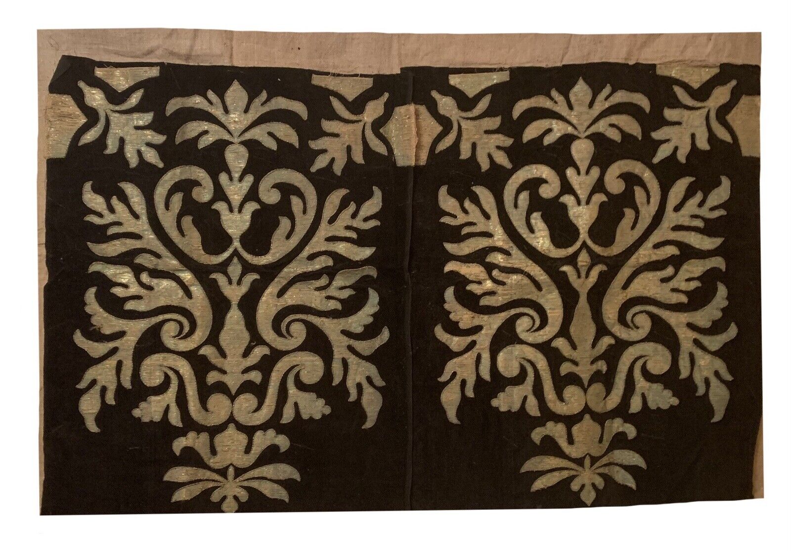 Beautiful 19th Cent portuguese velvet fabric with applique metallic motifs 1211