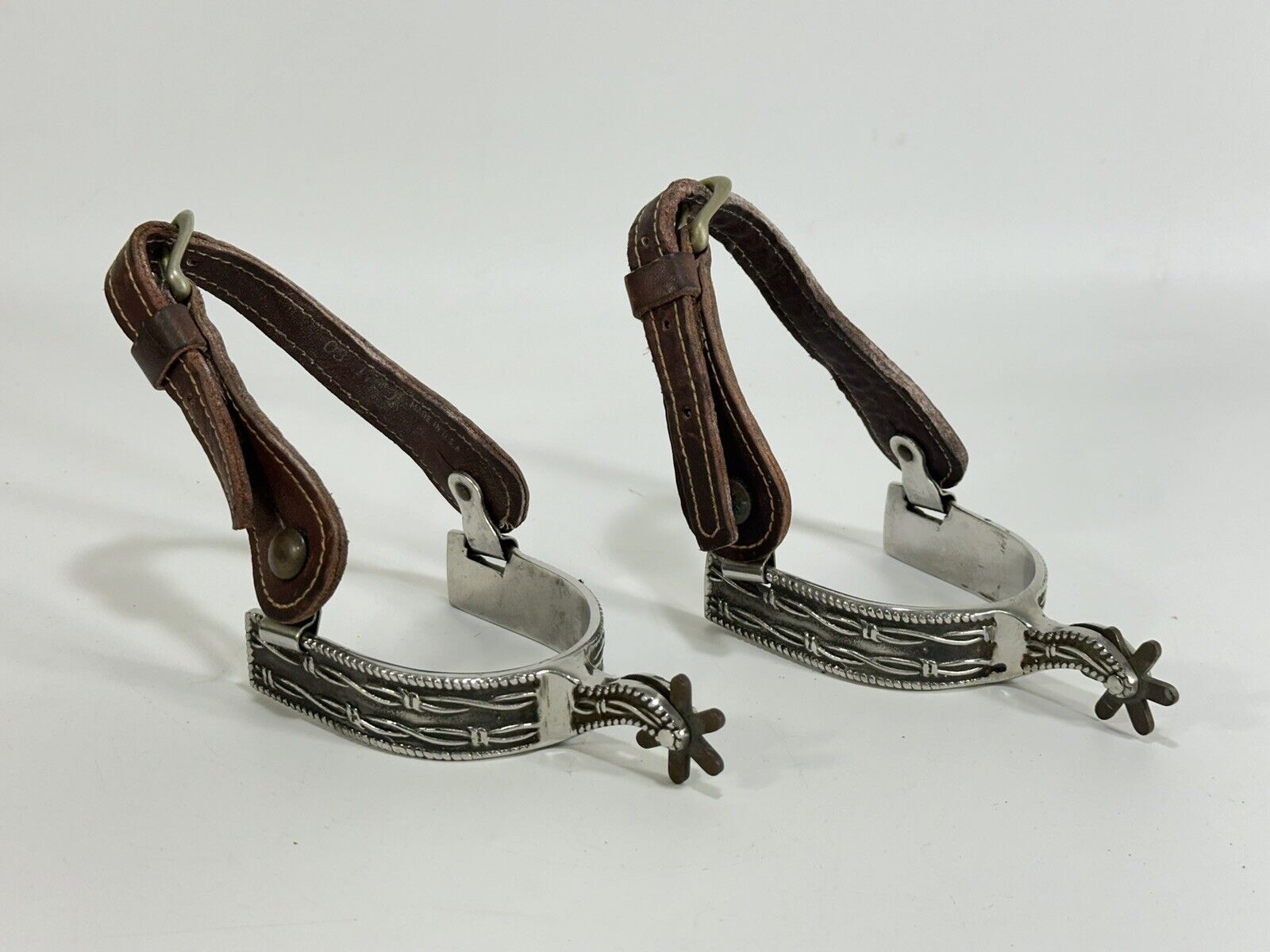 Vintage Pair Western Cowboy Spurs With Leather Straps ~ Metal Korea/Leather USA