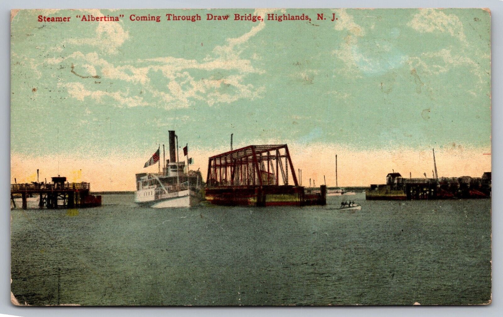 Steamer Albertina Coming Through Draw Bridge Highlands NJ — Postcard c. 1911