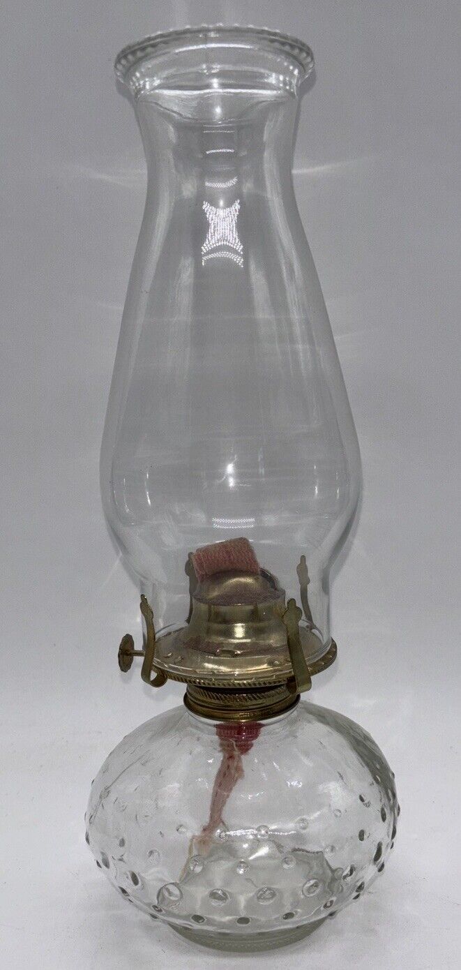 Antique Vintage 13” Oil Lamp W/ Hob Nail Glass Base And Clear Glass Chimney