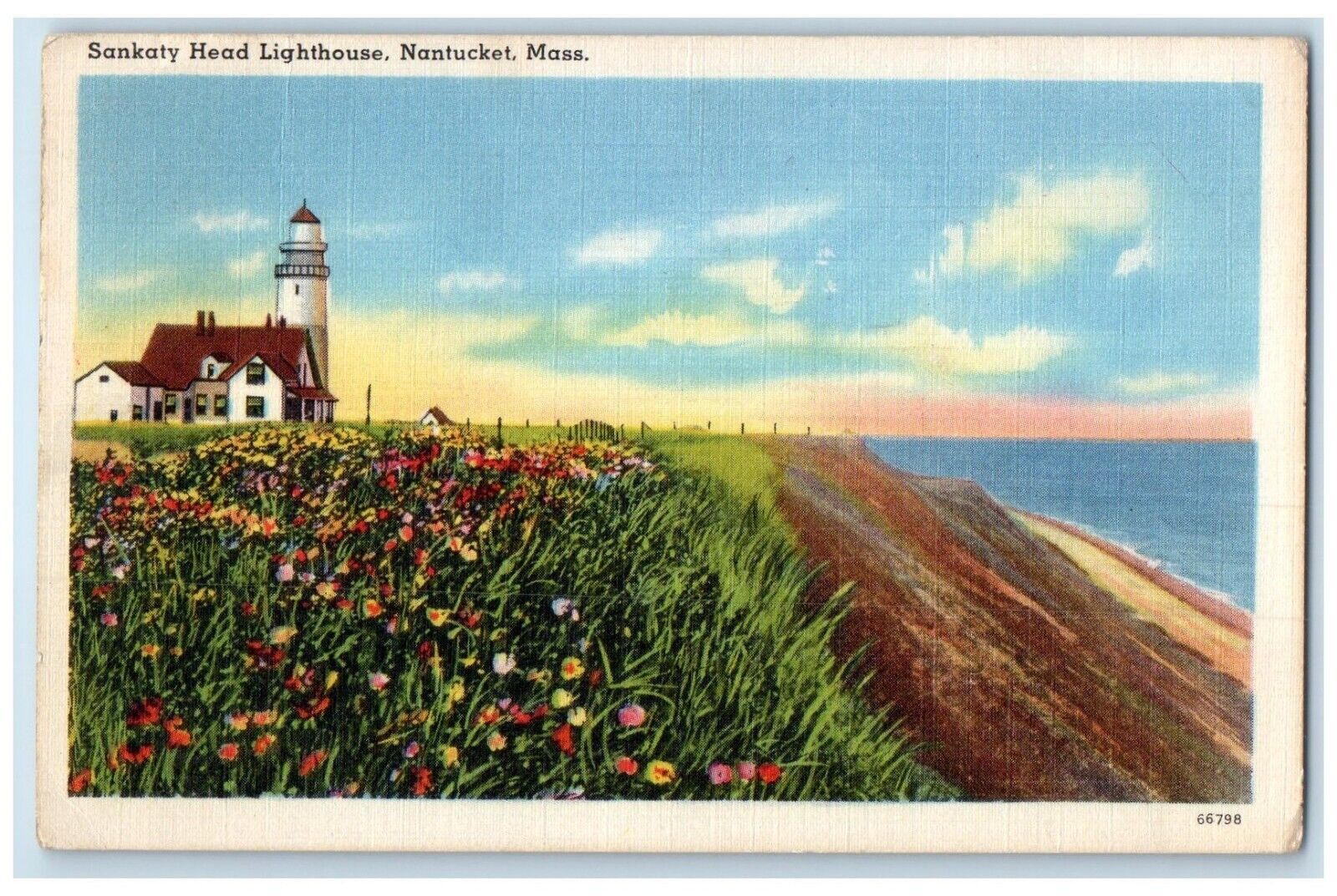 1953 Sankaty Head Lighthouse Exterior Flower Nantucket Massachusetts MA Postcard