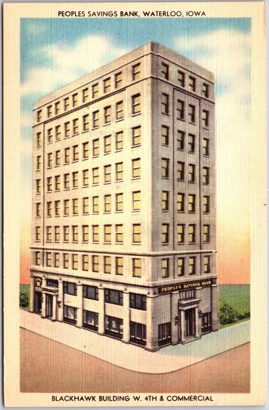 People\'s Savings Bank Waterloo Iowa Blackhawk Building 4th & Commercial Postcard